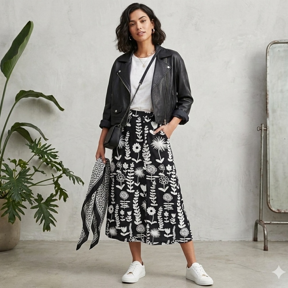 Mondi Black White Floral Midi Skirt A-Line Button Front Botanical Print Size S